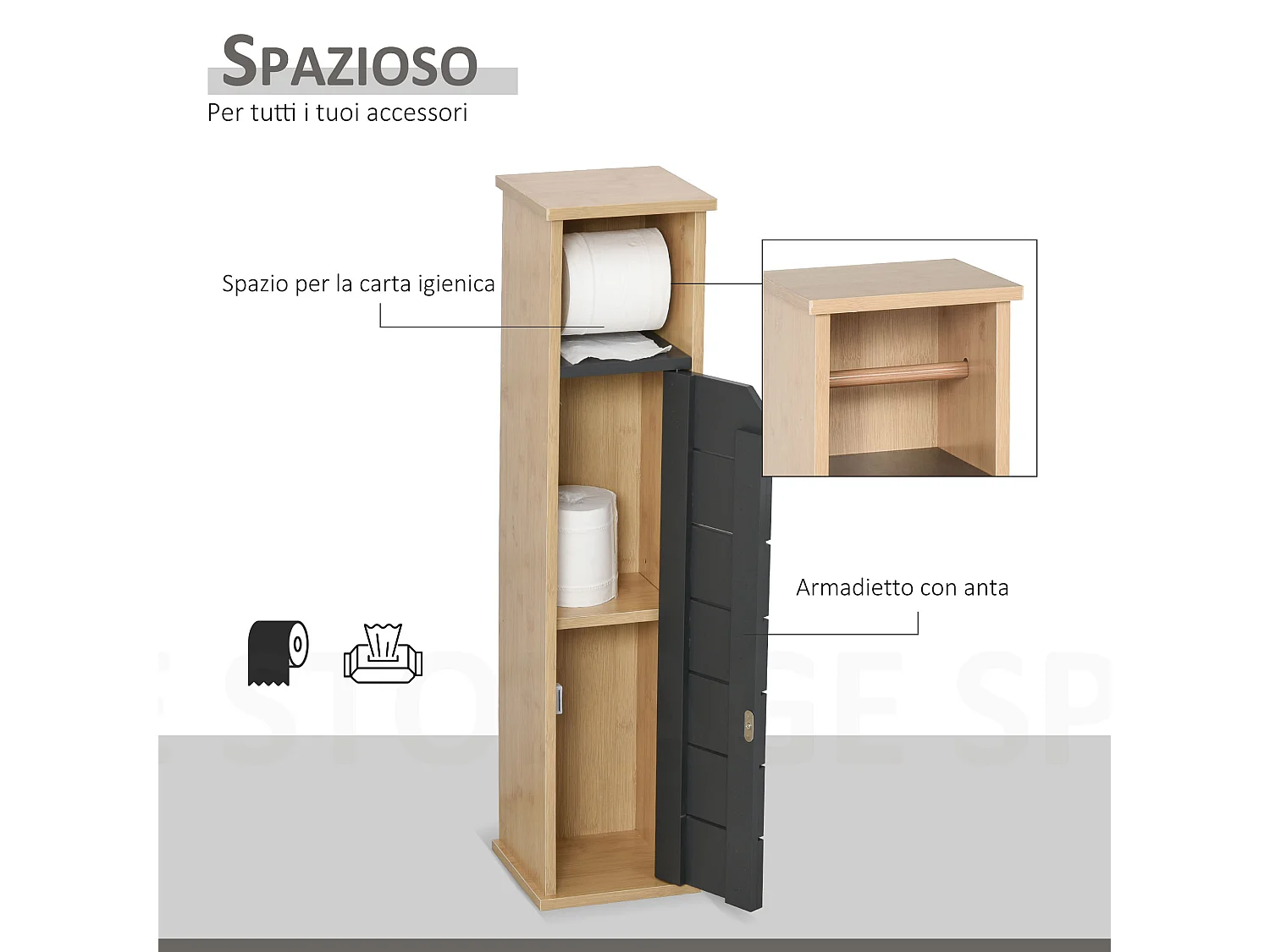 Mobiletto a colonna per bagno bambù e legno grigio