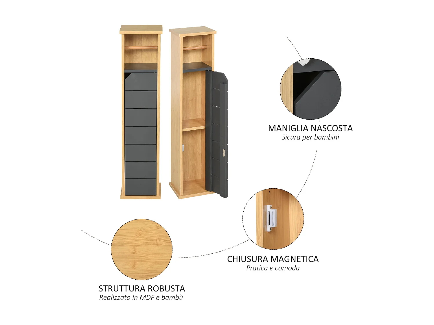 Mobiletto a colonna per bagno bambù e legno grigio