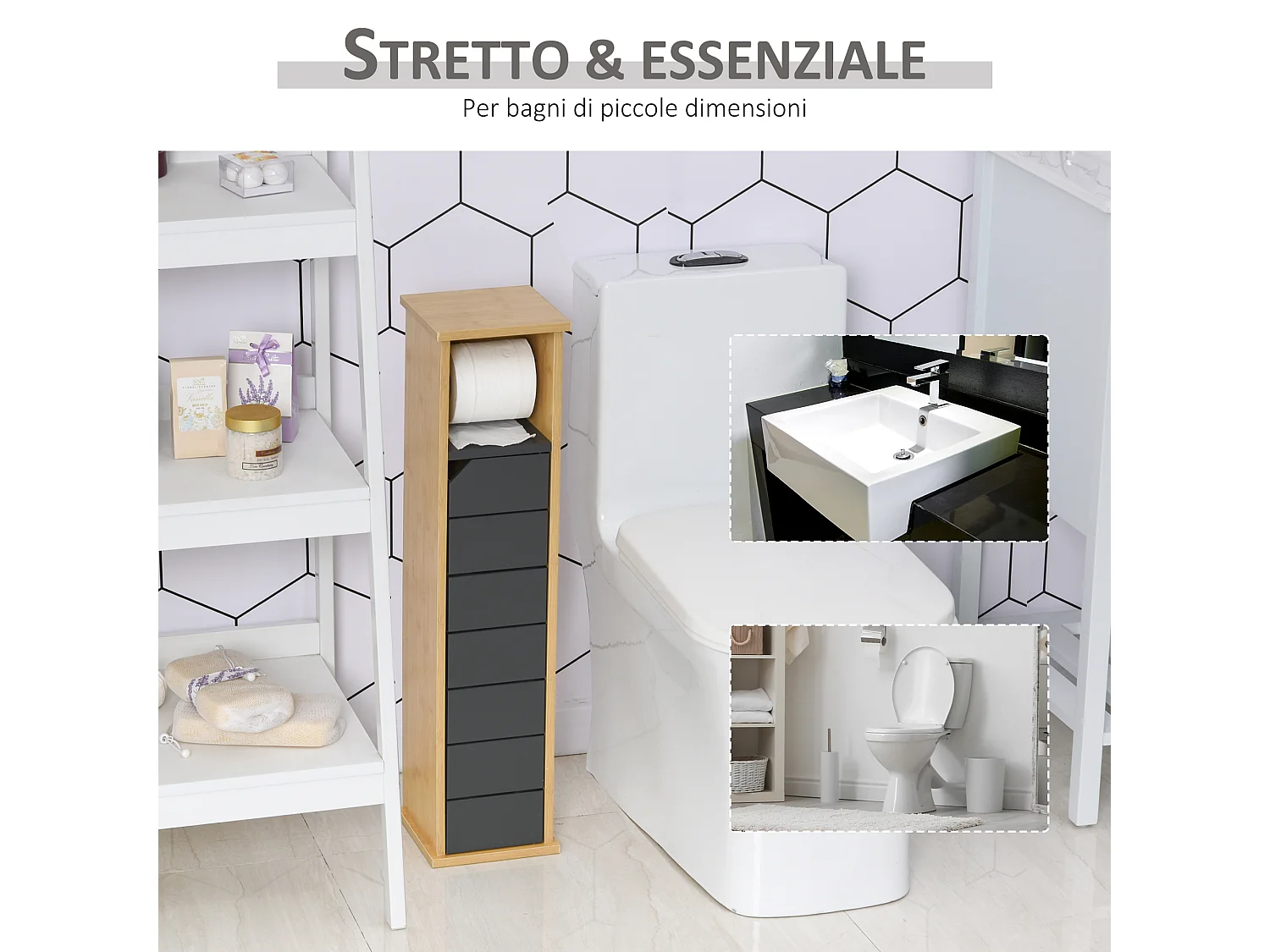 Mobiletto a colonna per bagno bambù e legno grigio