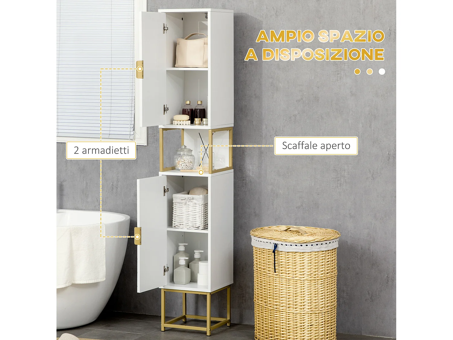 Colonna bagno con 2 armadietti in mdf e acciaio bianco e oro
