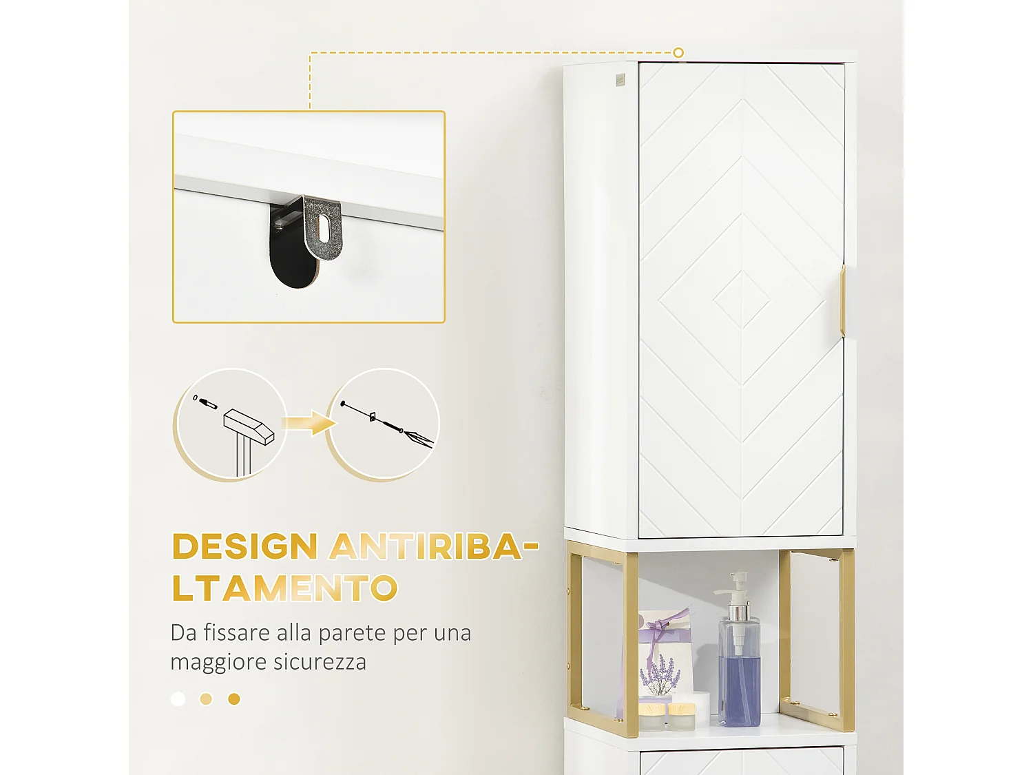 Colonna bagno con 2 armadietti in mdf e acciaio bianco e oro