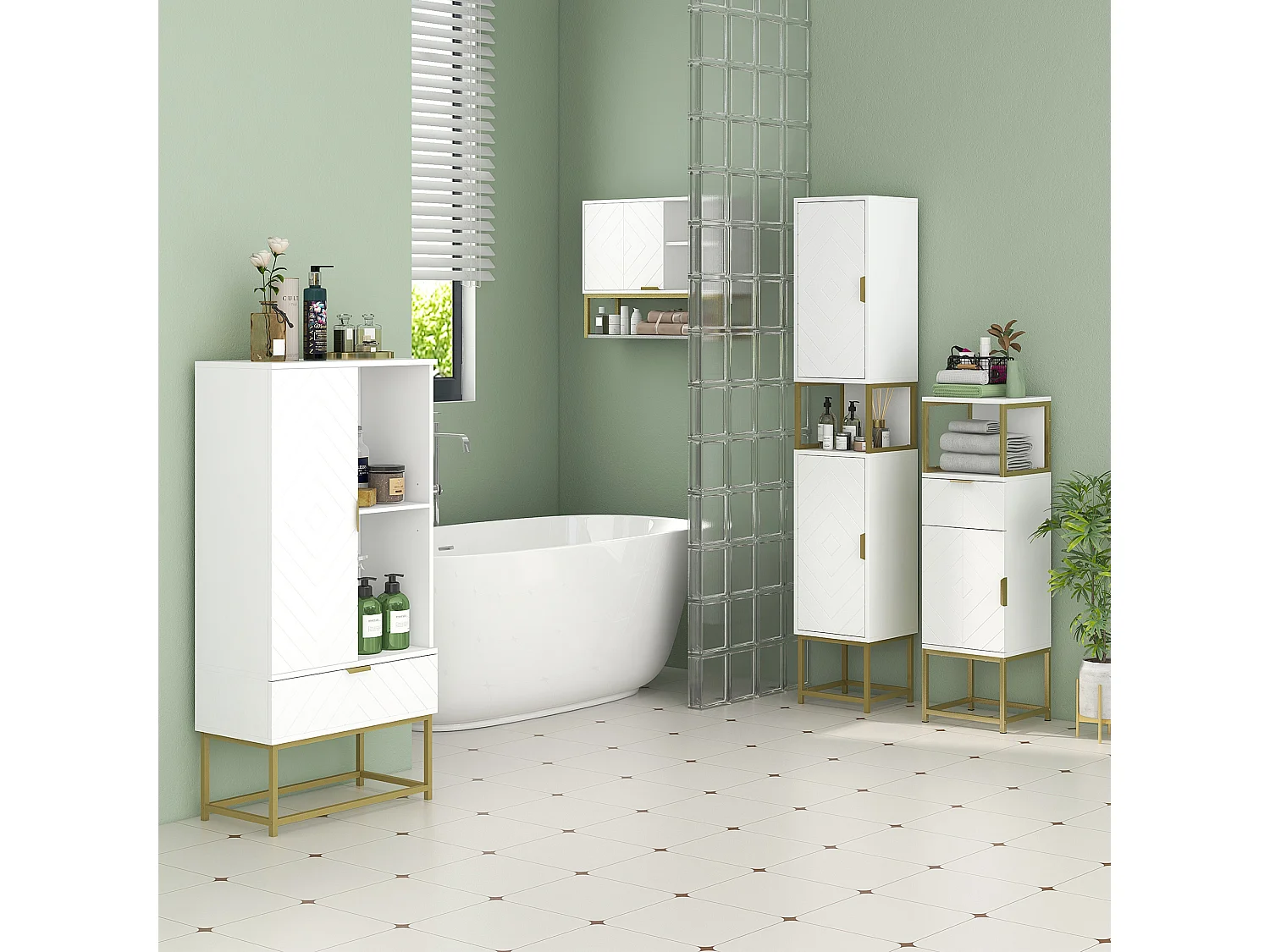 Colonna bagno con 2 armadietti in mdf e acciaio bianco e oro