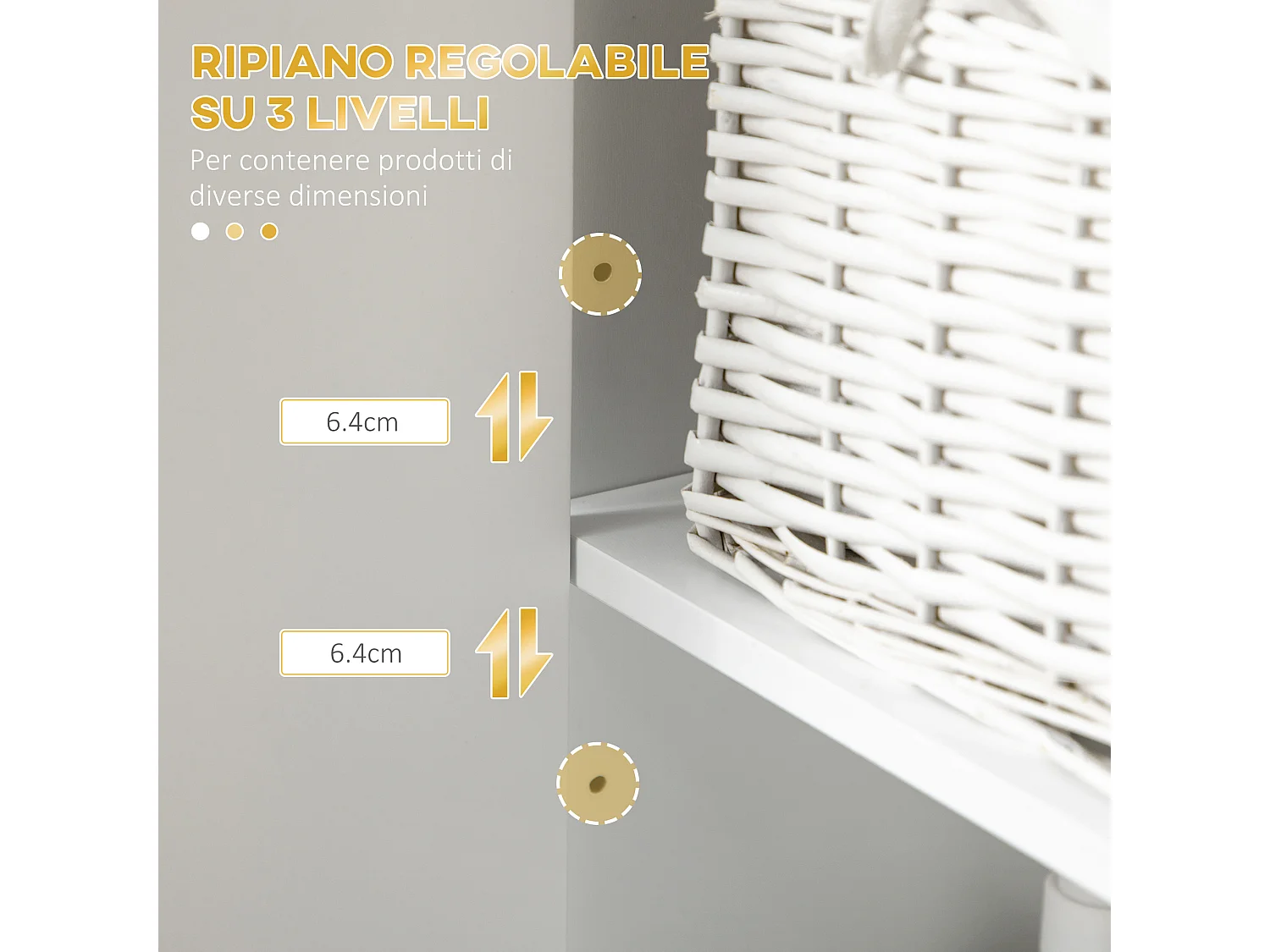 Colonna bagno con 2 armadietti in mdf e acciaio bianco e oro