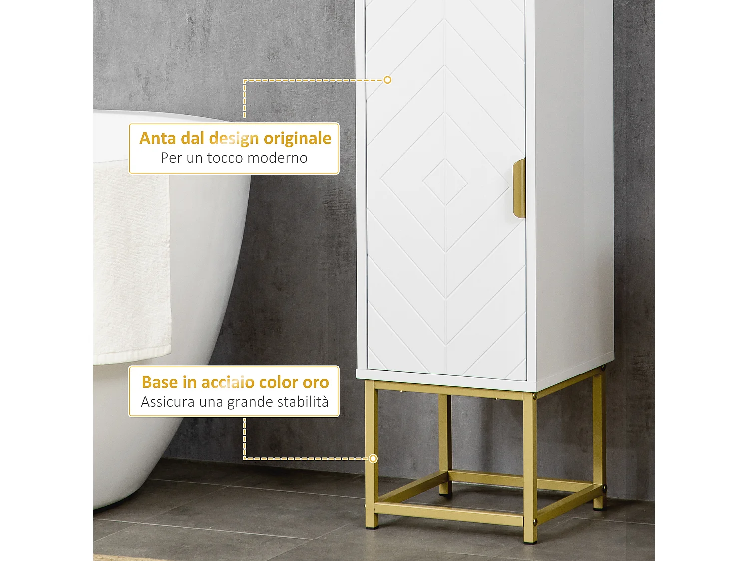 Colonna bagno con 2 armadietti in mdf e acciaio bianco e oro
