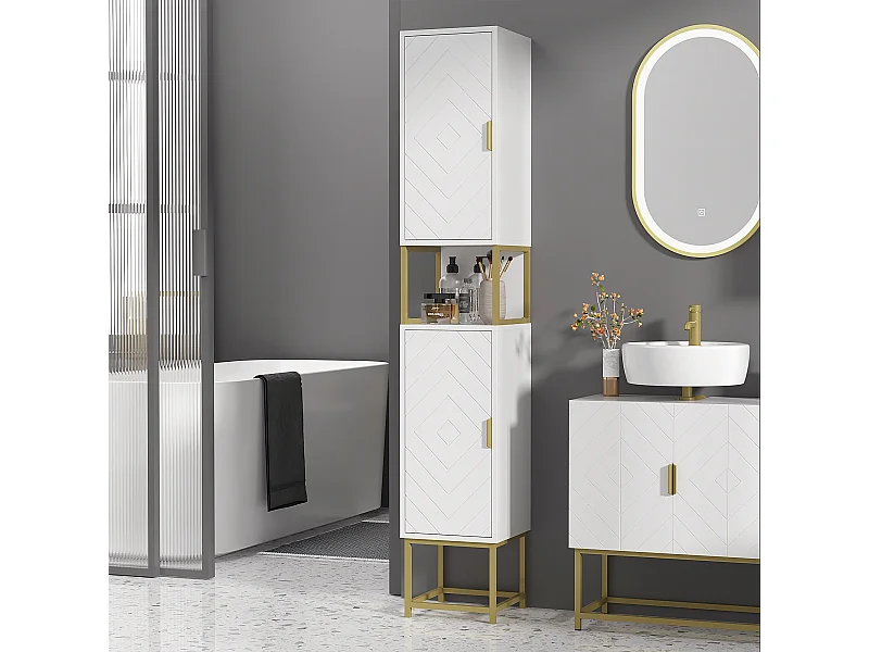 Colonna bagno con 2 armadietti in mdf e acciaio bianco e oro