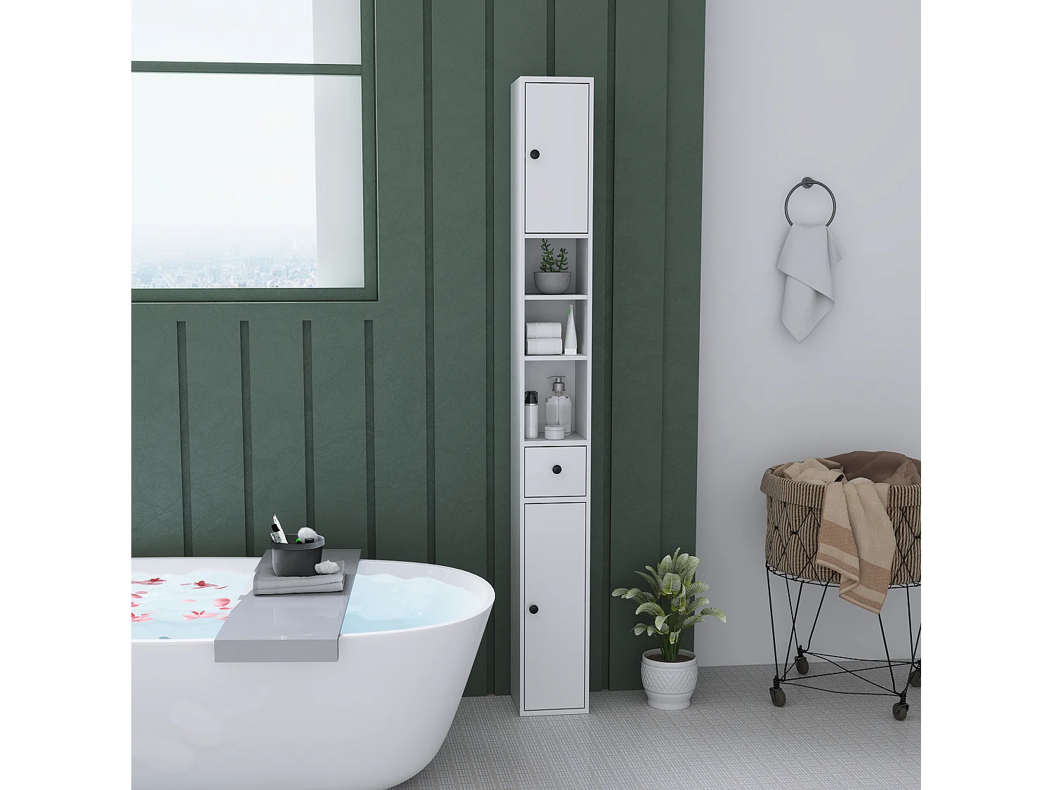 Colonna bagno con 2 armadietti, 3 ripiani aperti e cassetto bianco