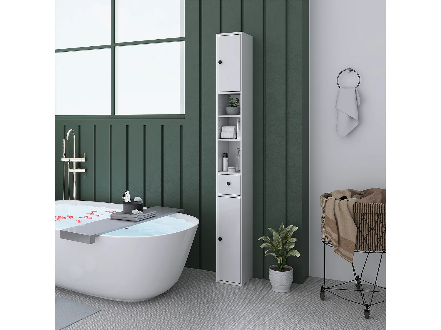 Colonna bagno con 2 armadietti, 3 ripiani aperti e cassetto bianco