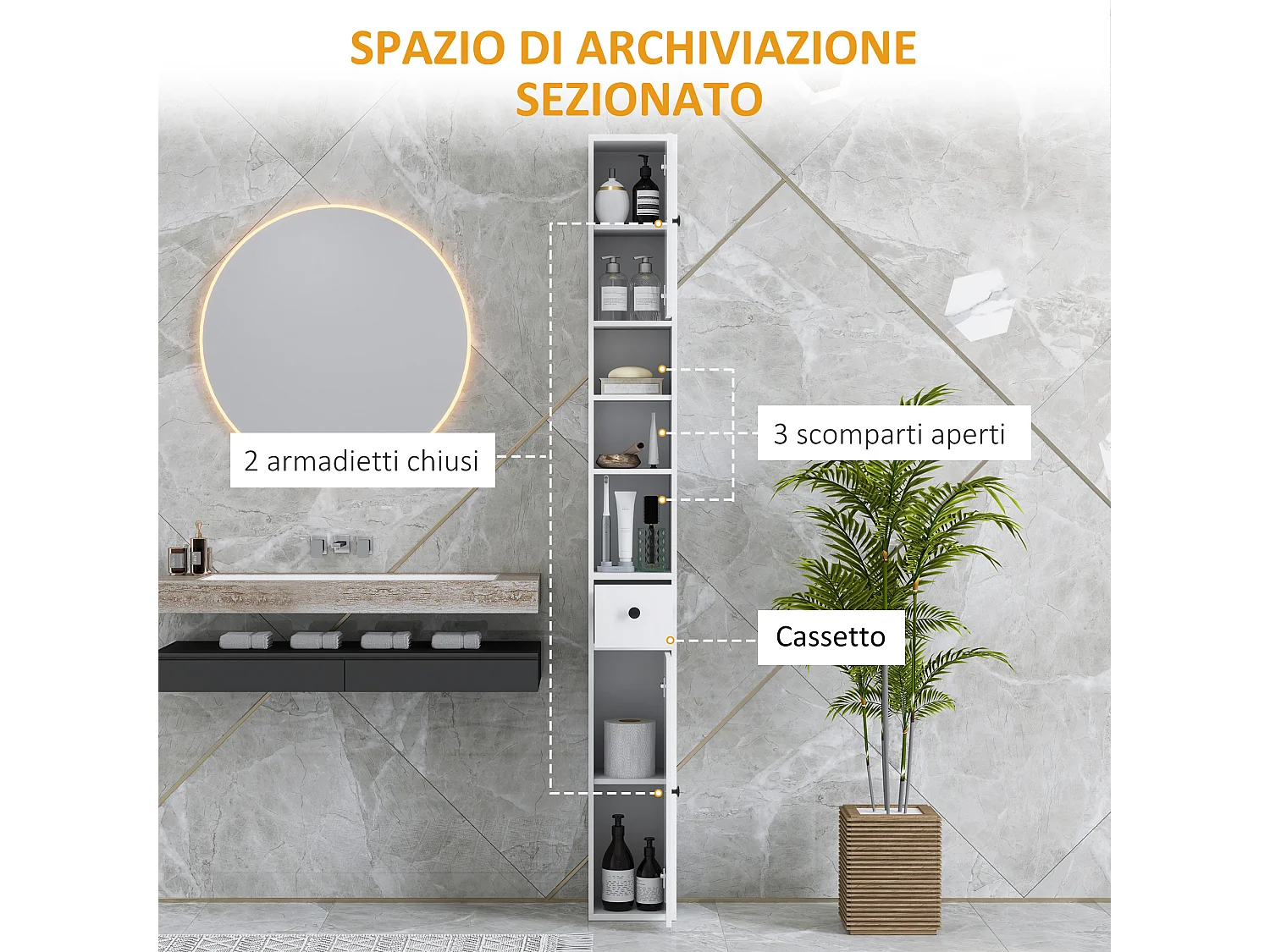Colonna bagno con 2 armadietti, 3 ripiani aperti e cassetto bianco