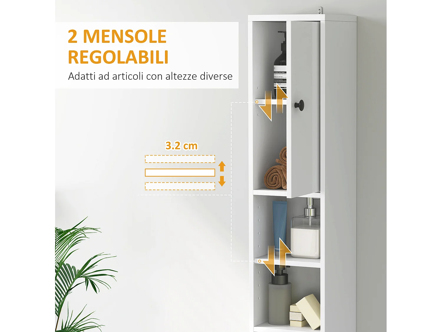 Colonna bagno con 2 armadietti, 3 ripiani aperti e cassetto bianco