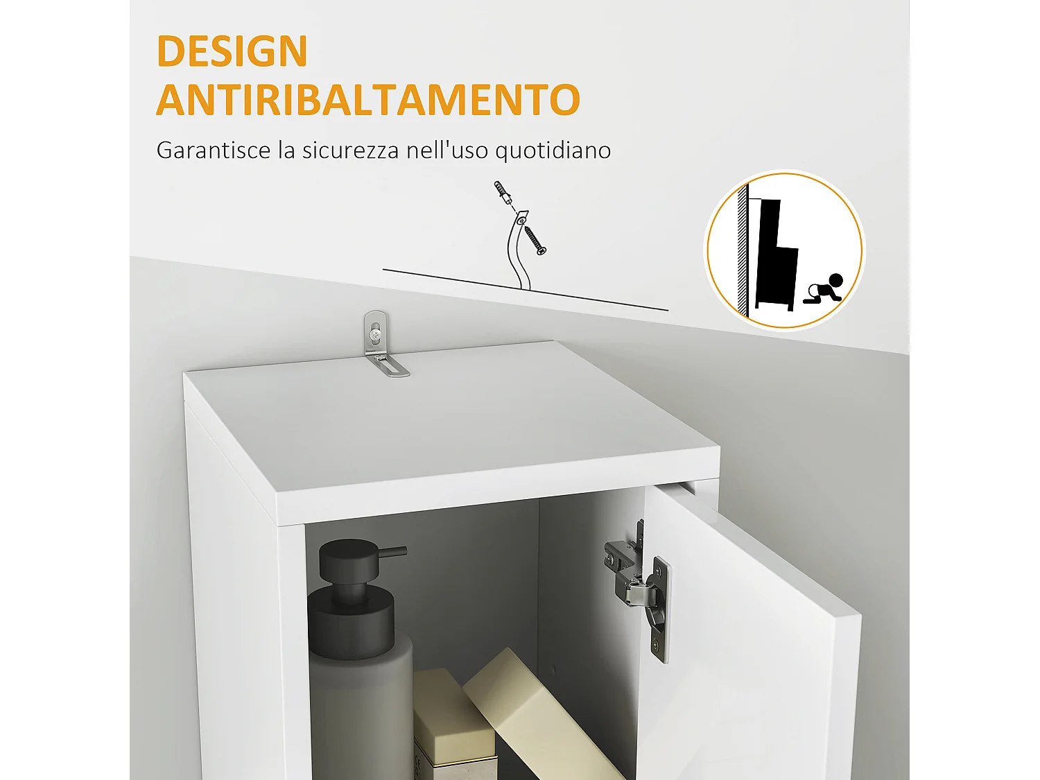 Colonna bagno con 2 armadietti, 3 ripiani aperti e cassetto bianco