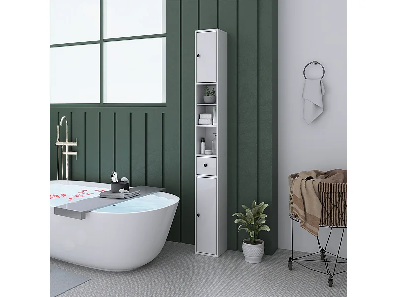 Colonna bagno con 2 armadietti, 3 ripiani aperti e cassetto bianco