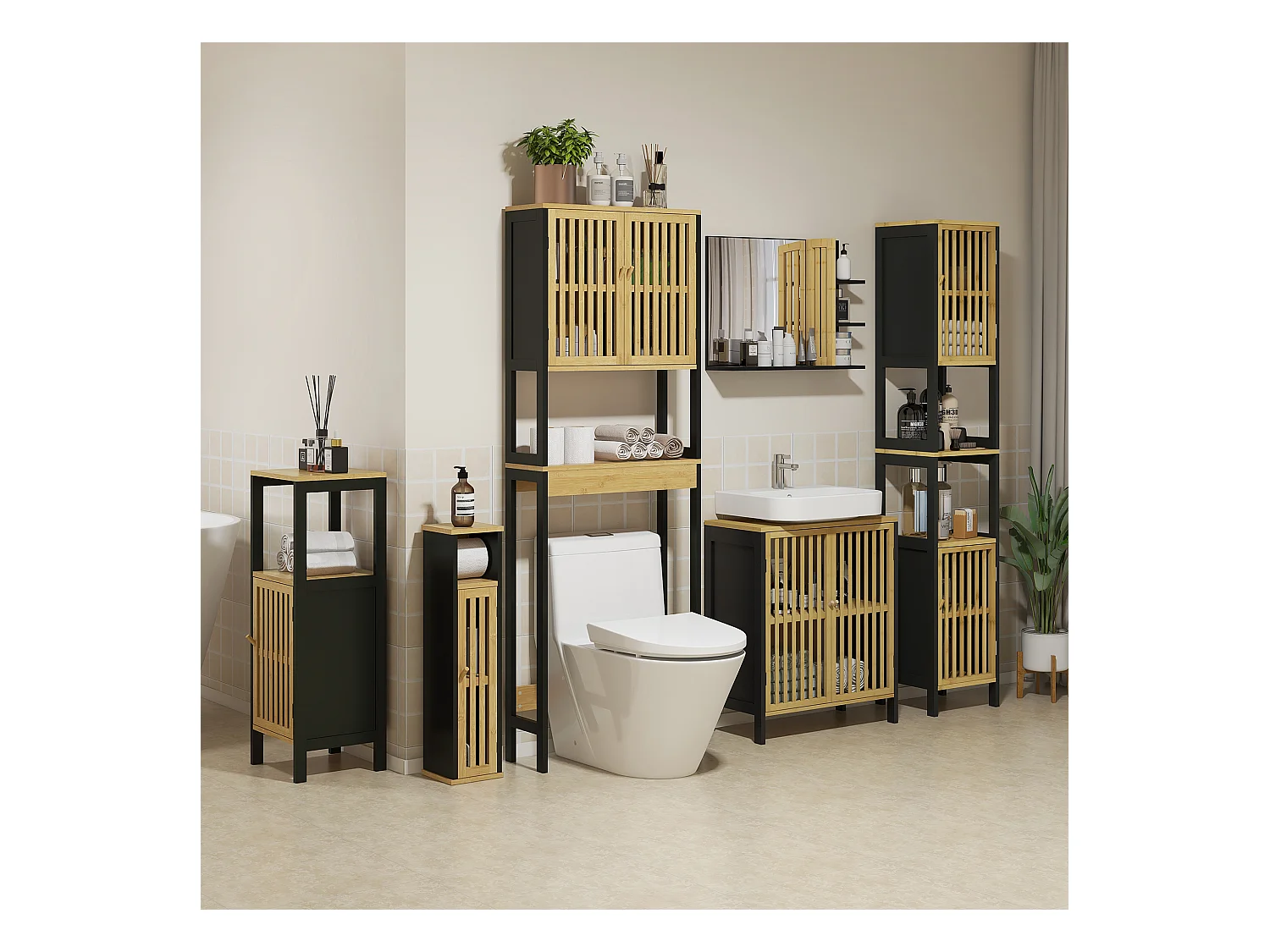 Mobiletto bagno con ripiano aperto e armadietto in bambù e mdf nero