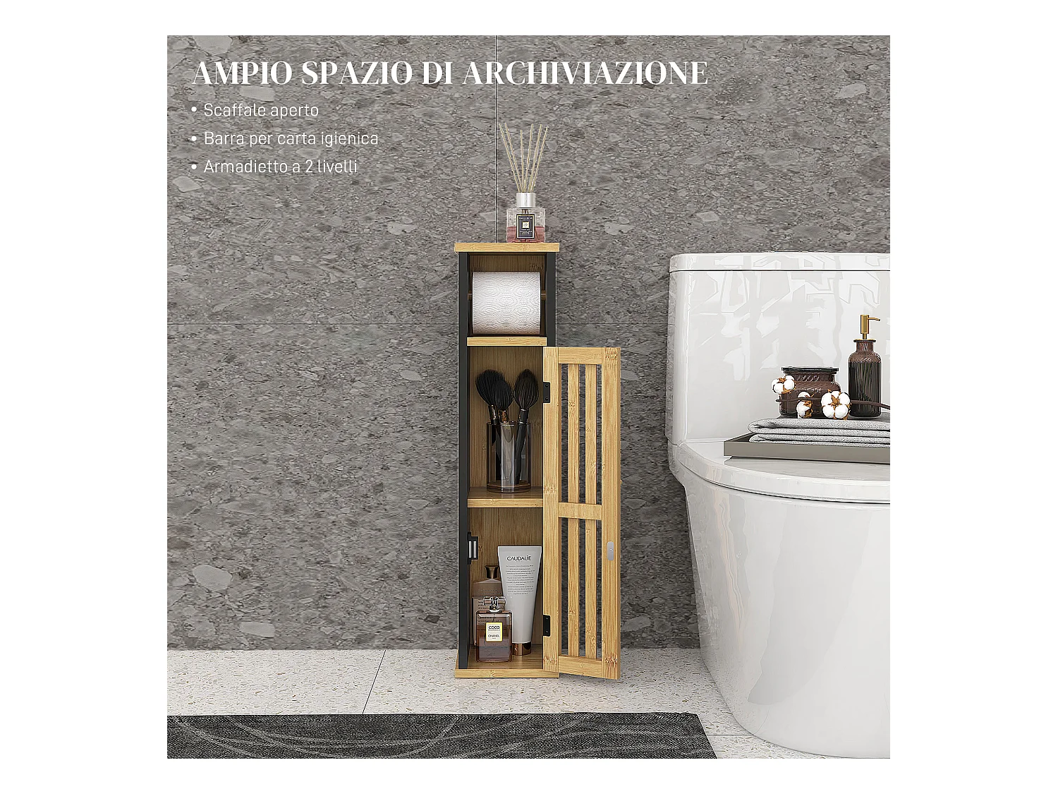 Mobiletto bagno con ripiano aperto e armadietto in bambù e mdf nero
