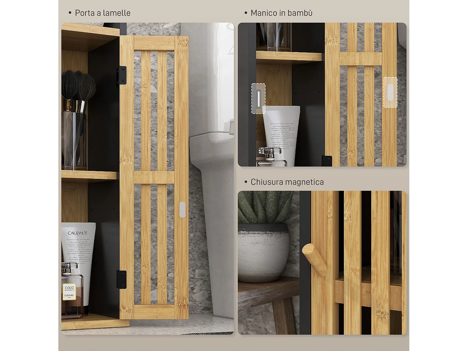 Mobiletto bagno con ripiano aperto e armadietto in bambù e mdf nero