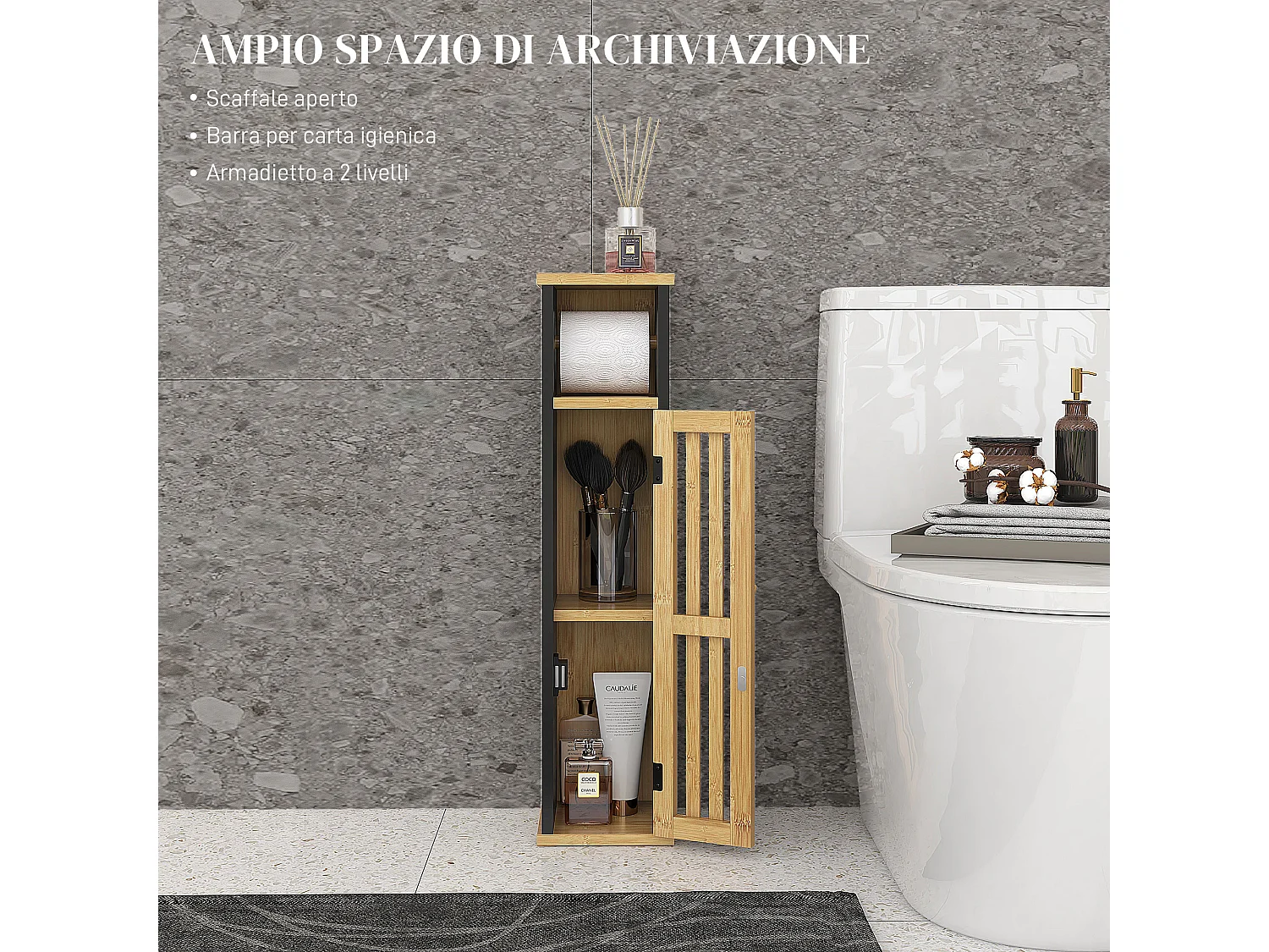 Mobiletto bagno con ripiano aperto e armadietto in bambù e mdf nero