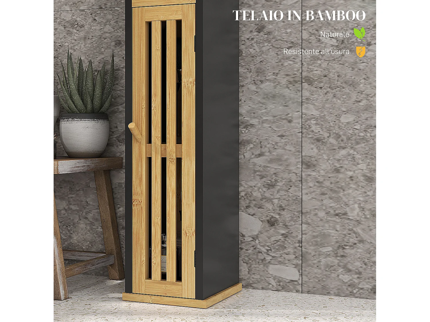 Mobiletto bagno con ripiano aperto e armadietto in bambù e mdf nero