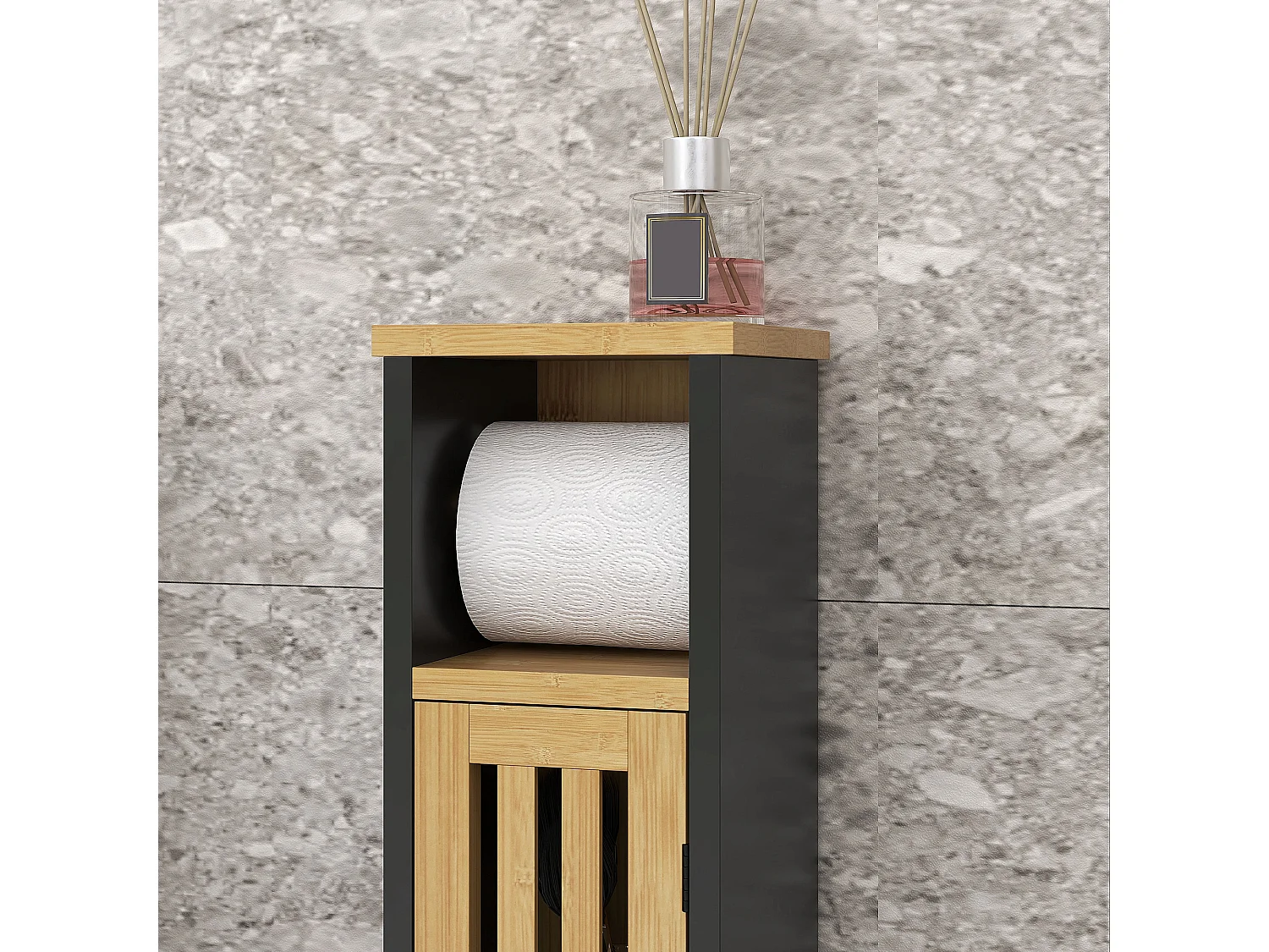 Mobiletto bagno con ripiano aperto e armadietto in bambù e mdf nero