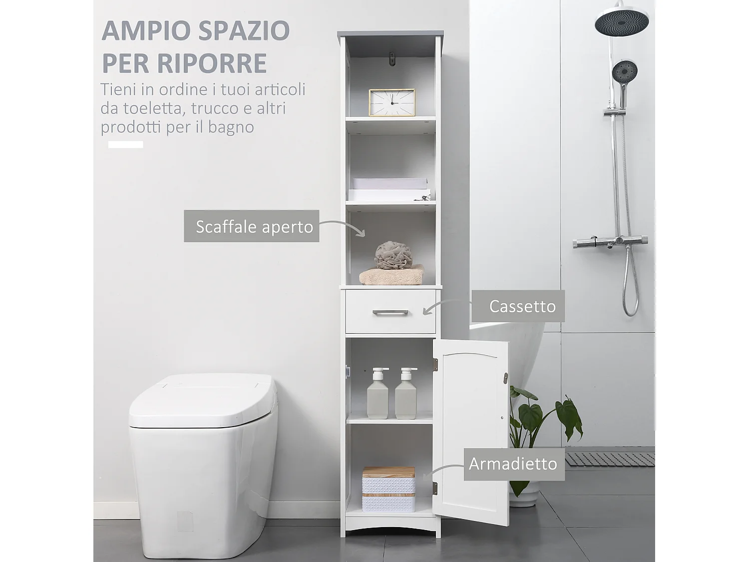 Armadietto bagno scaffale 3 ripiani 1 cassetto 1 armadietto