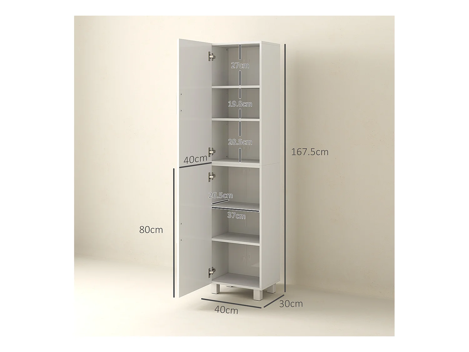 Colonna bagno moderna con 2 armadietti e ripiani regolabili bianco