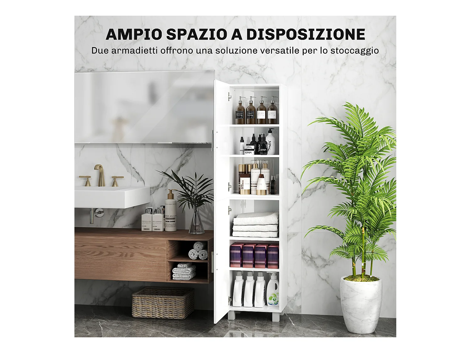 Colonna bagno moderna con 2 armadietti e ripiani regolabili bianco