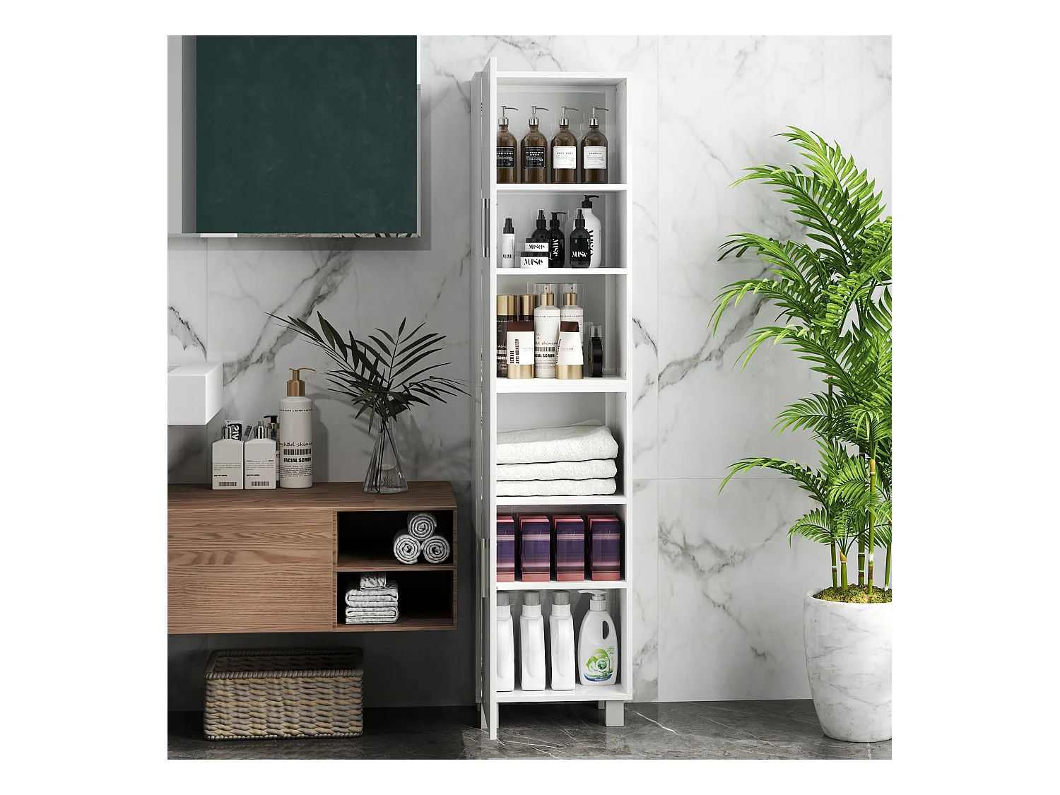 Colonna bagno moderna con 2 armadietti e ripiani regolabili bianco