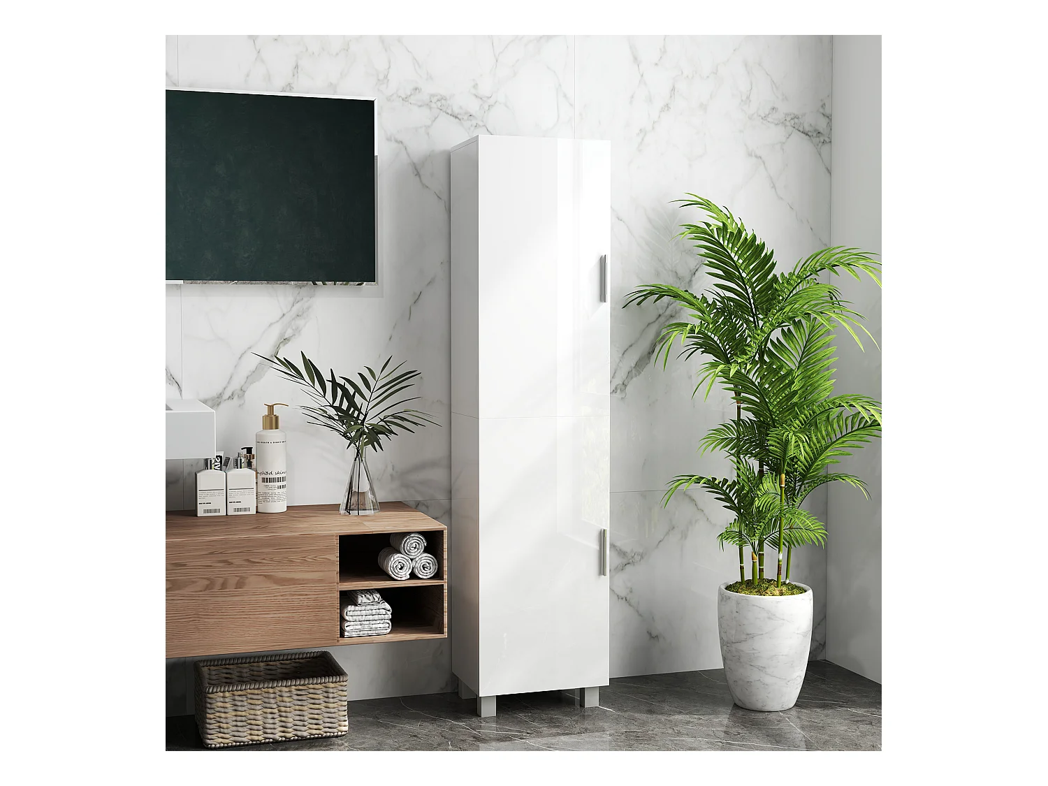 Colonna bagno moderna con 2 armadietti e ripiani regolabili bianco