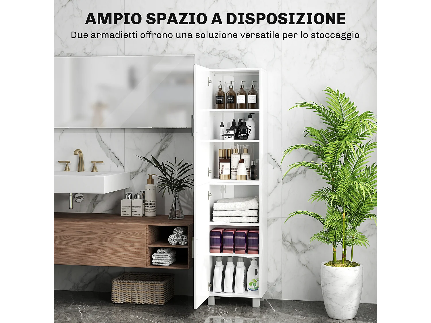 Colonna bagno moderna con 2 armadietti e ripiani regolabili bianco