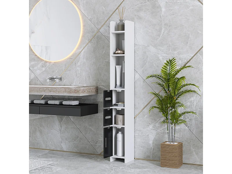 Colonna bagno con 3 mensole e 3 armadietti in legno bianco nero