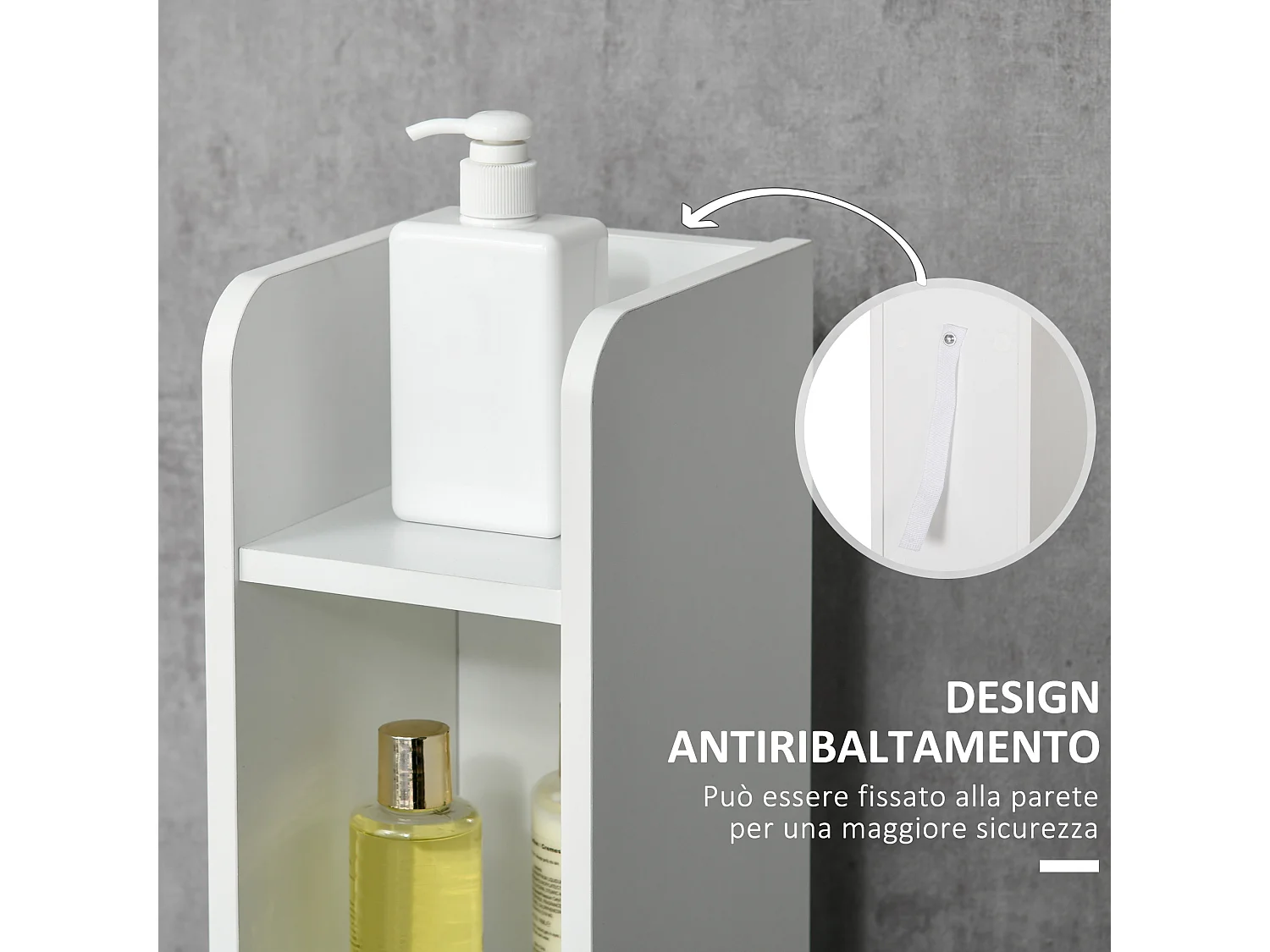 Colonna bagno con 3 mensole e 3 armadietti in legno bianco nero