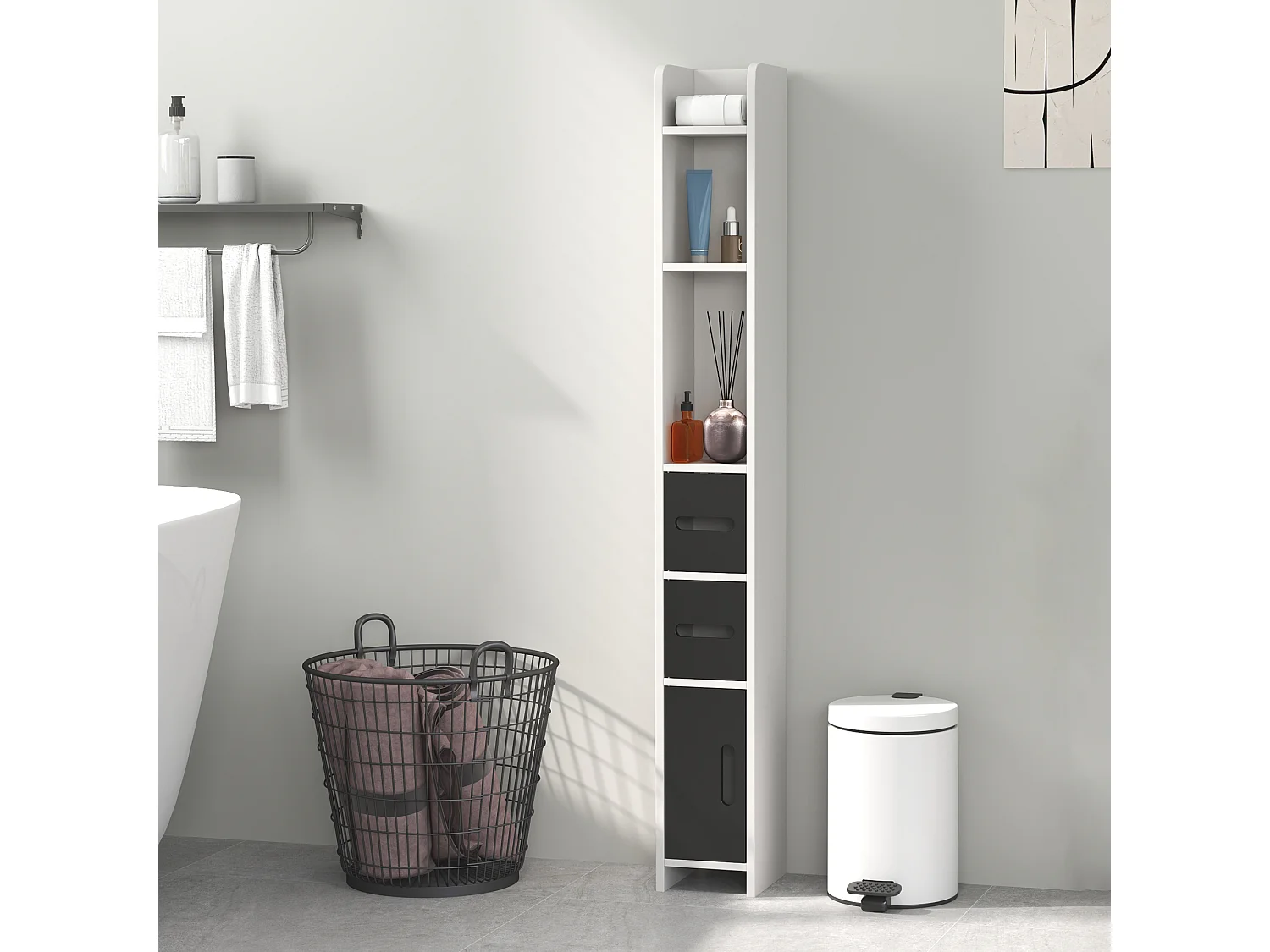 Colonna bagno con 3 mensole e 3 armadietti in legno bianco nero