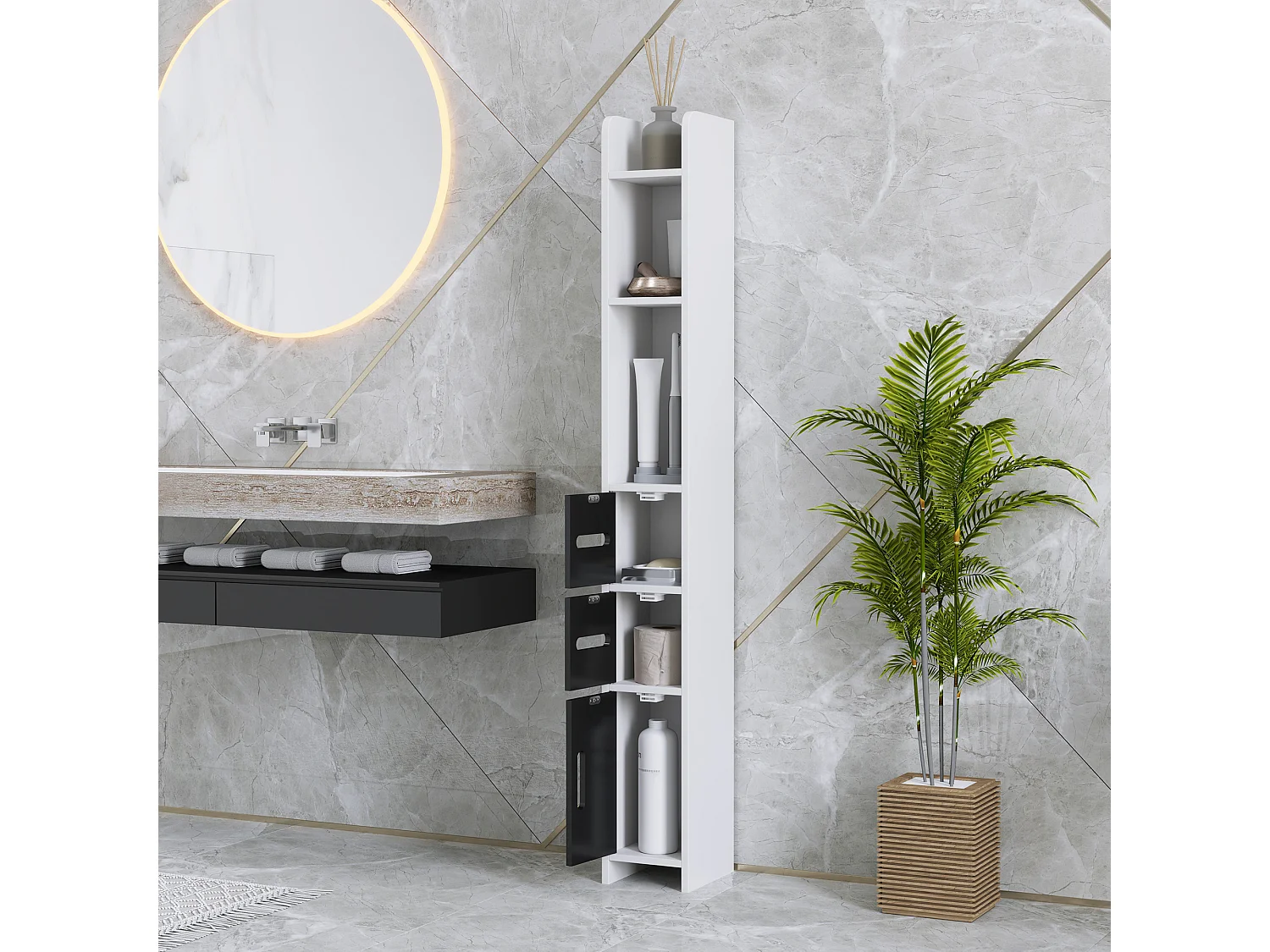 Colonna bagno con 3 mensole e 3 armadietti in legno bianco nero