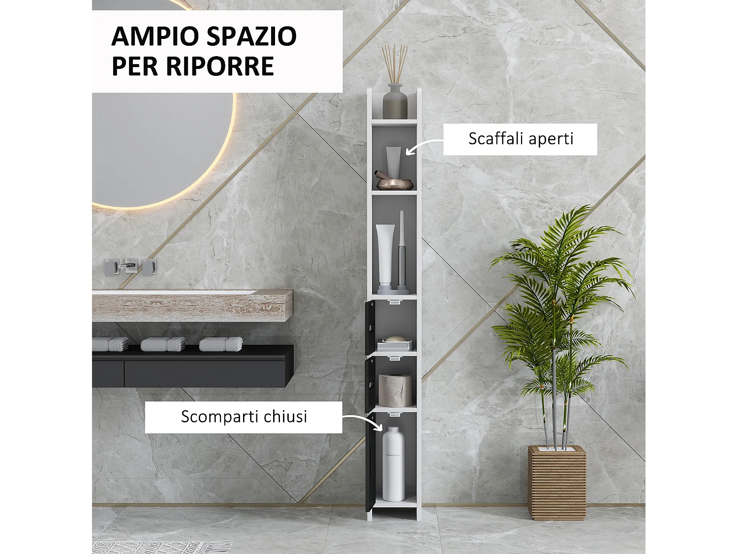 Colonna bagno con 3 mensole e 3 armadietti in legno bianco nero