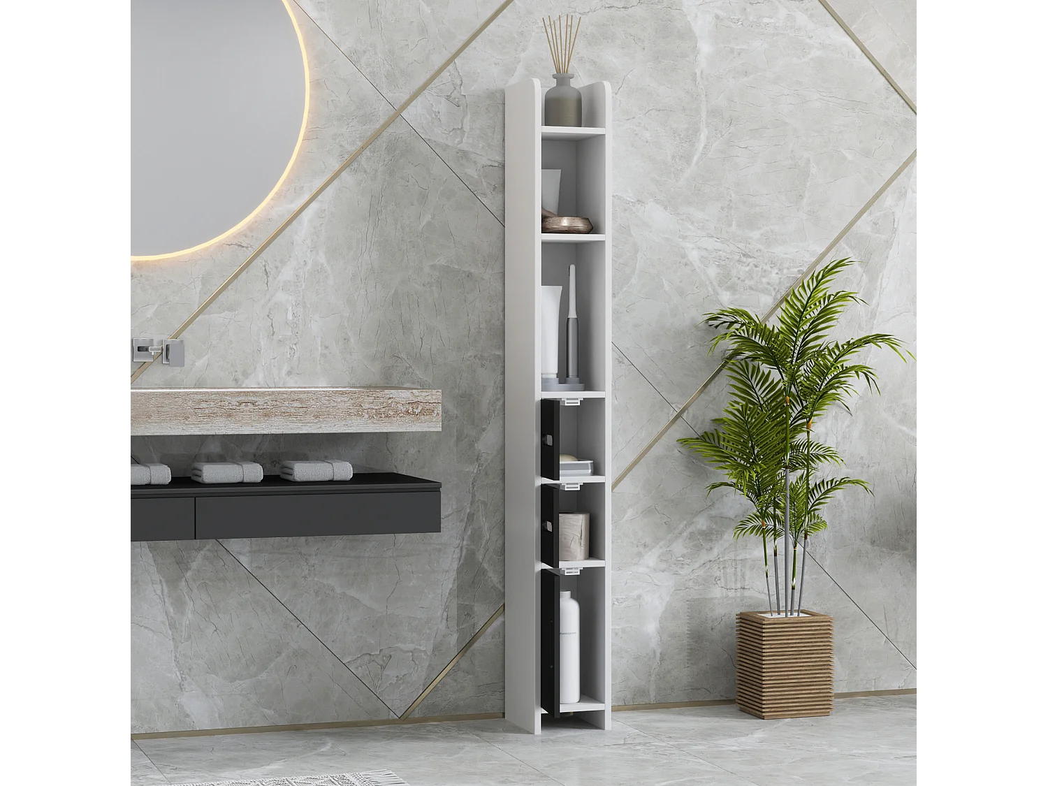 Colonna bagno con 3 mensole e 3 armadietti in legno bianco nero