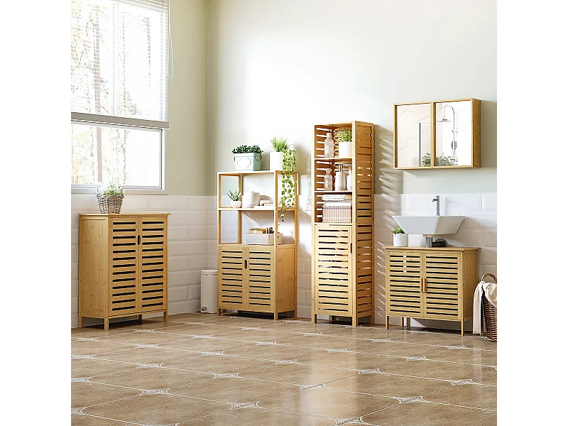 Mobile bagno con armadietto a 2 ante e ripiani in bambù