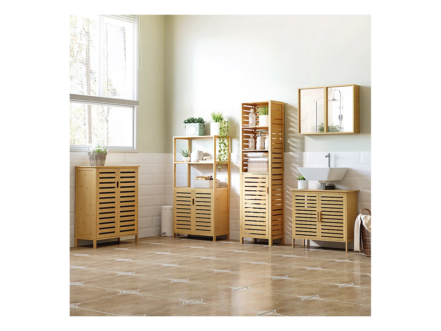 Mobile bagno con armadietto a 2 ante e ripiani in bambù