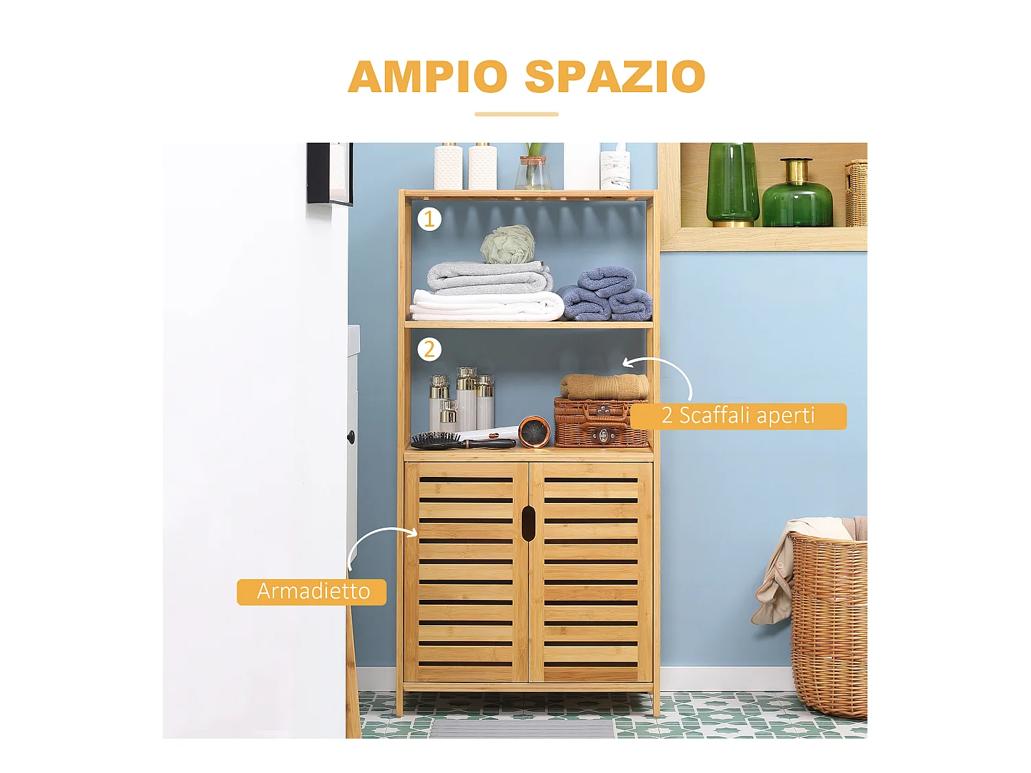 Mobile bagno con armadietto a 2 ante e ripiani in bambù