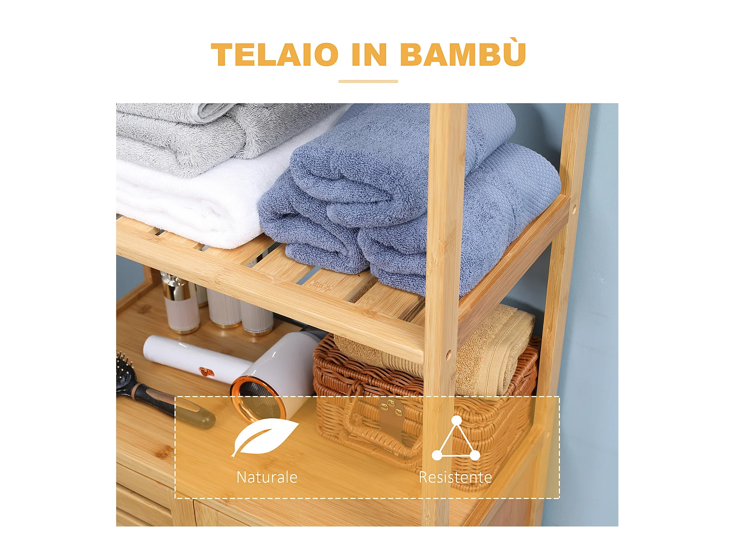 Mobile bagno con armadietto a 2 ante e ripiani in bambù