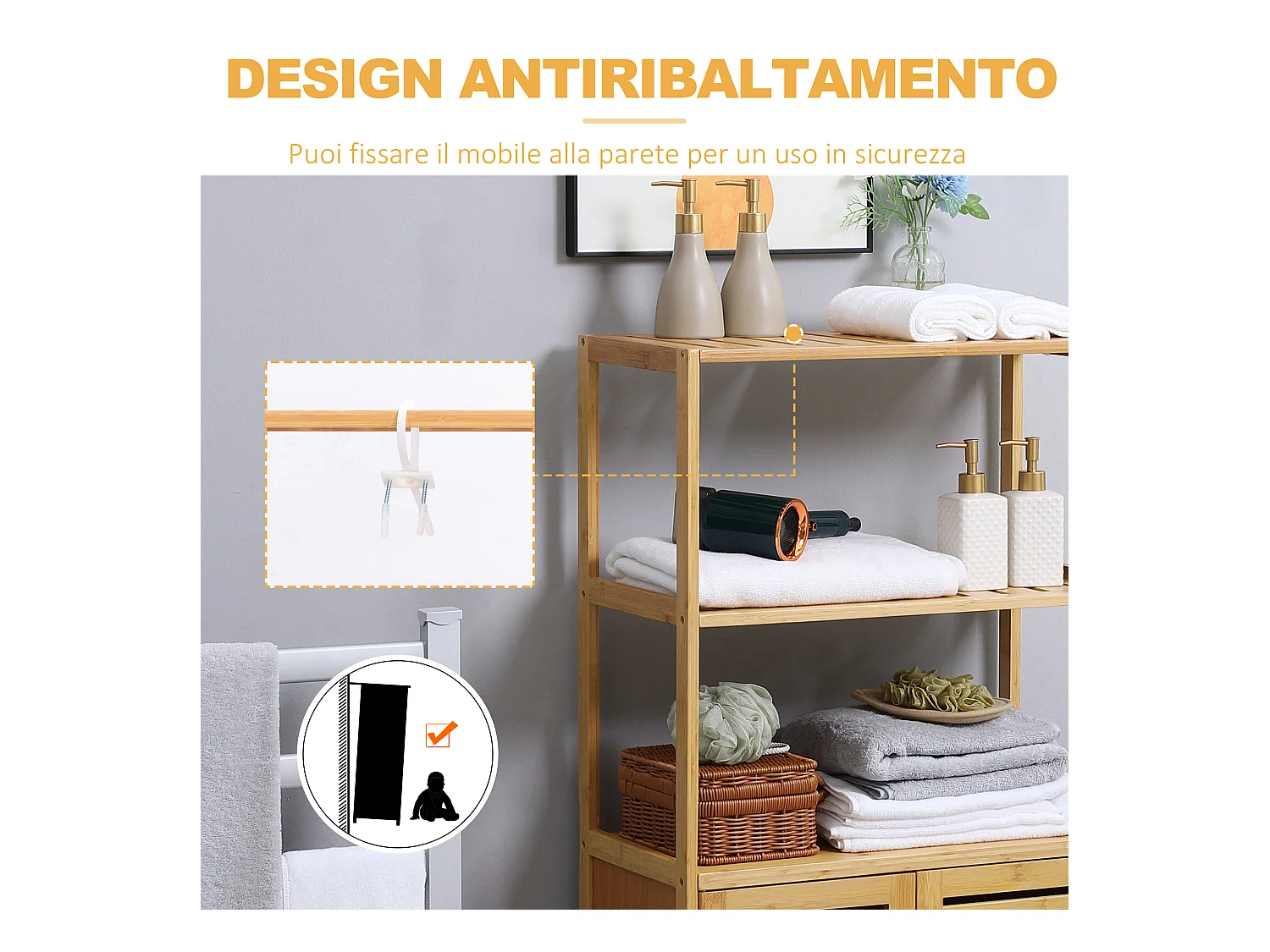 Mobile bagno con armadietto a 2 ante e ripiani in bambù