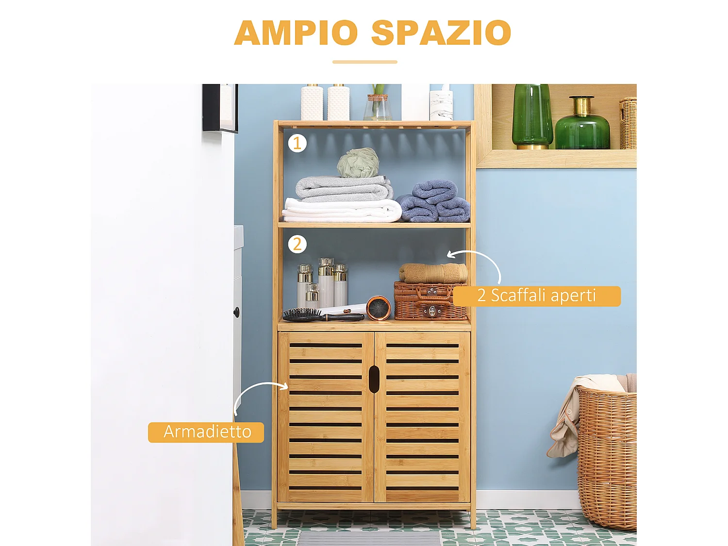 Mobile bagno con armadietto a 2 ante e ripiani in bambù