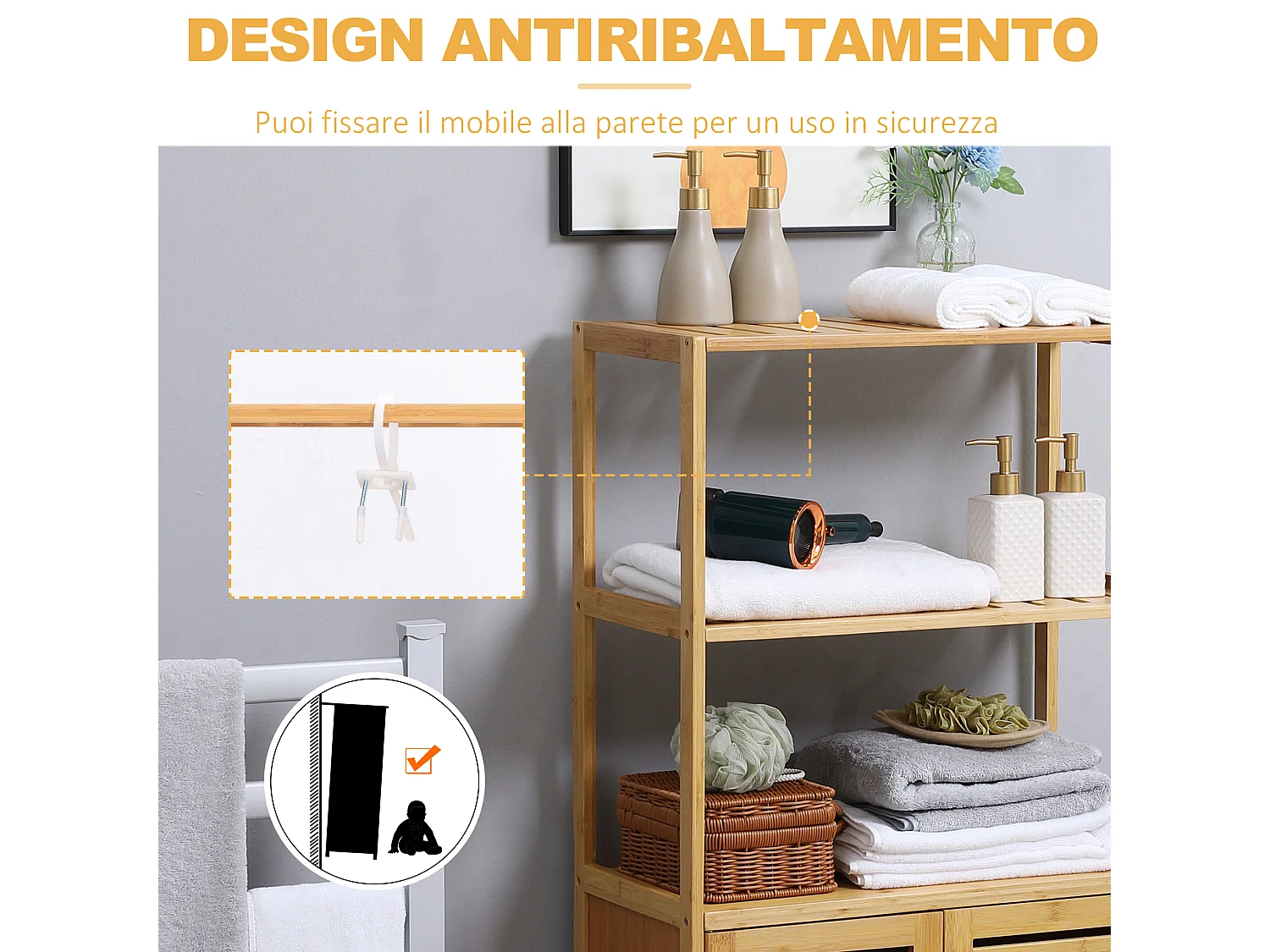 Mobile bagno con armadietto a 2 ante e ripiani in bambù