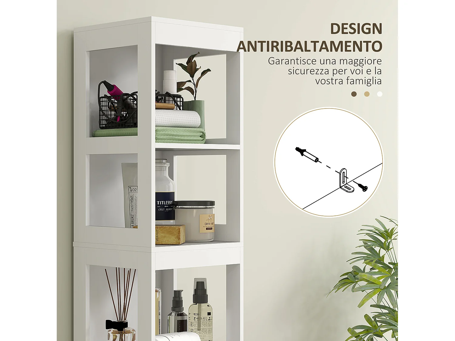 Mobile bagno con 3 ripiani aperti e 2 cassetti in legno bianco