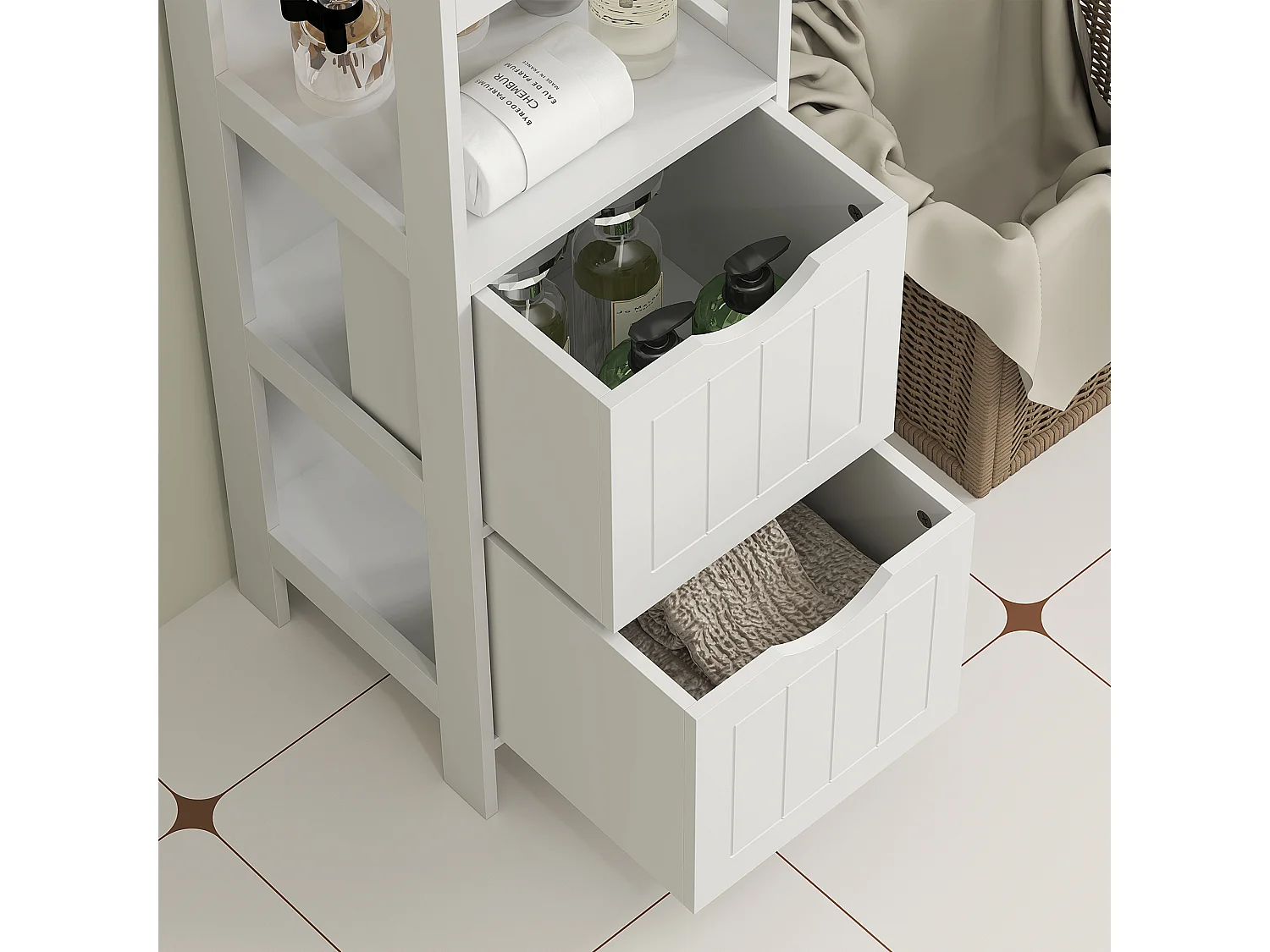 Mobile bagno con 3 ripiani aperti e 2 cassetti in legno bianco