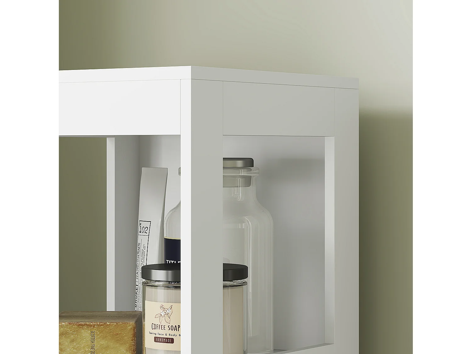 Mobile bagno con 3 ripiani aperti e 2 cassetti in legno bianco