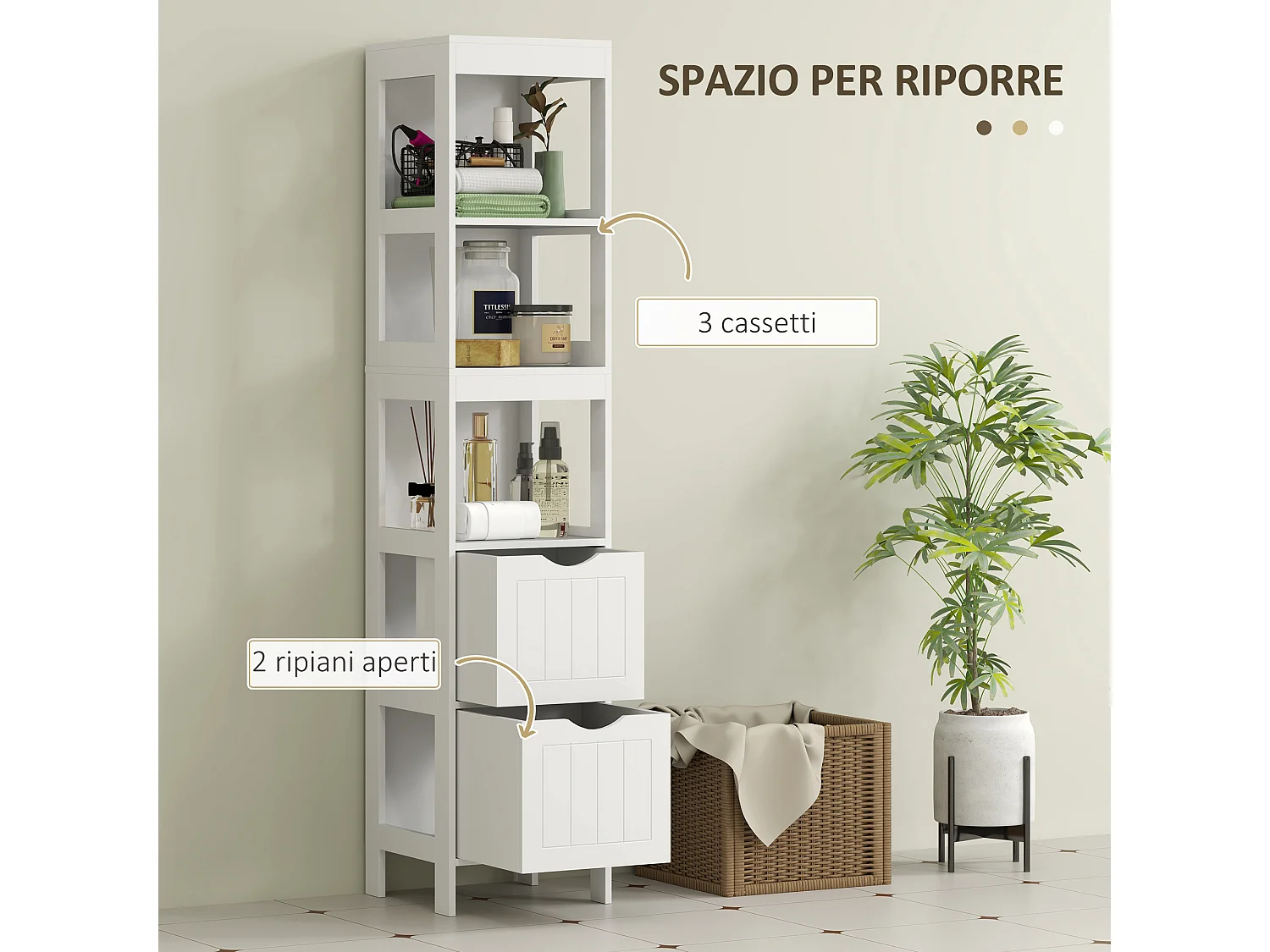 Mobile bagno con 3 ripiani aperti e 2 cassetti in legno bianco