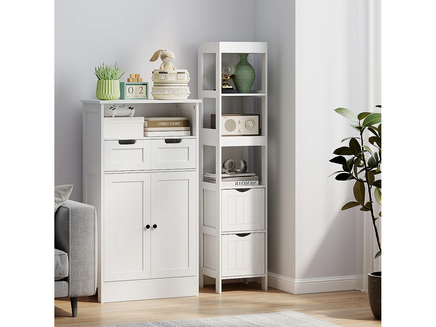 Mobile bagno con 3 ripiani aperti e 2 cassetti in legno bianco