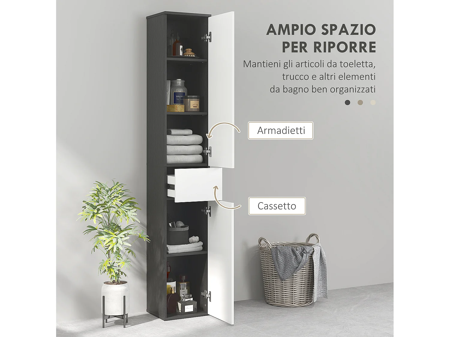 Colonna bagno con 2 armadietti e cassetto in legno 30x28x180 cm nero