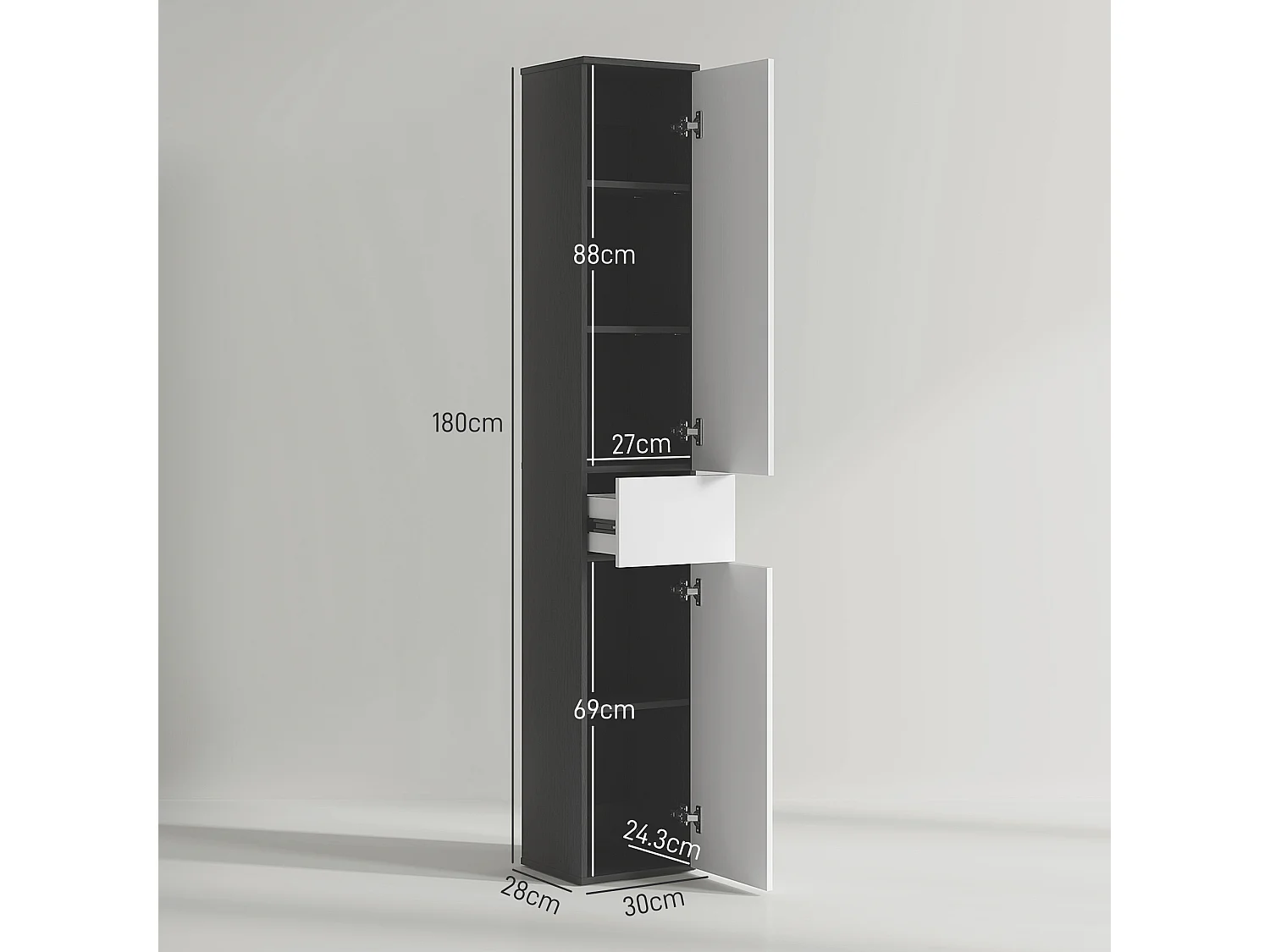 Colonna bagno con 2 armadietti e cassetto in legno 30x28x180 cm nero