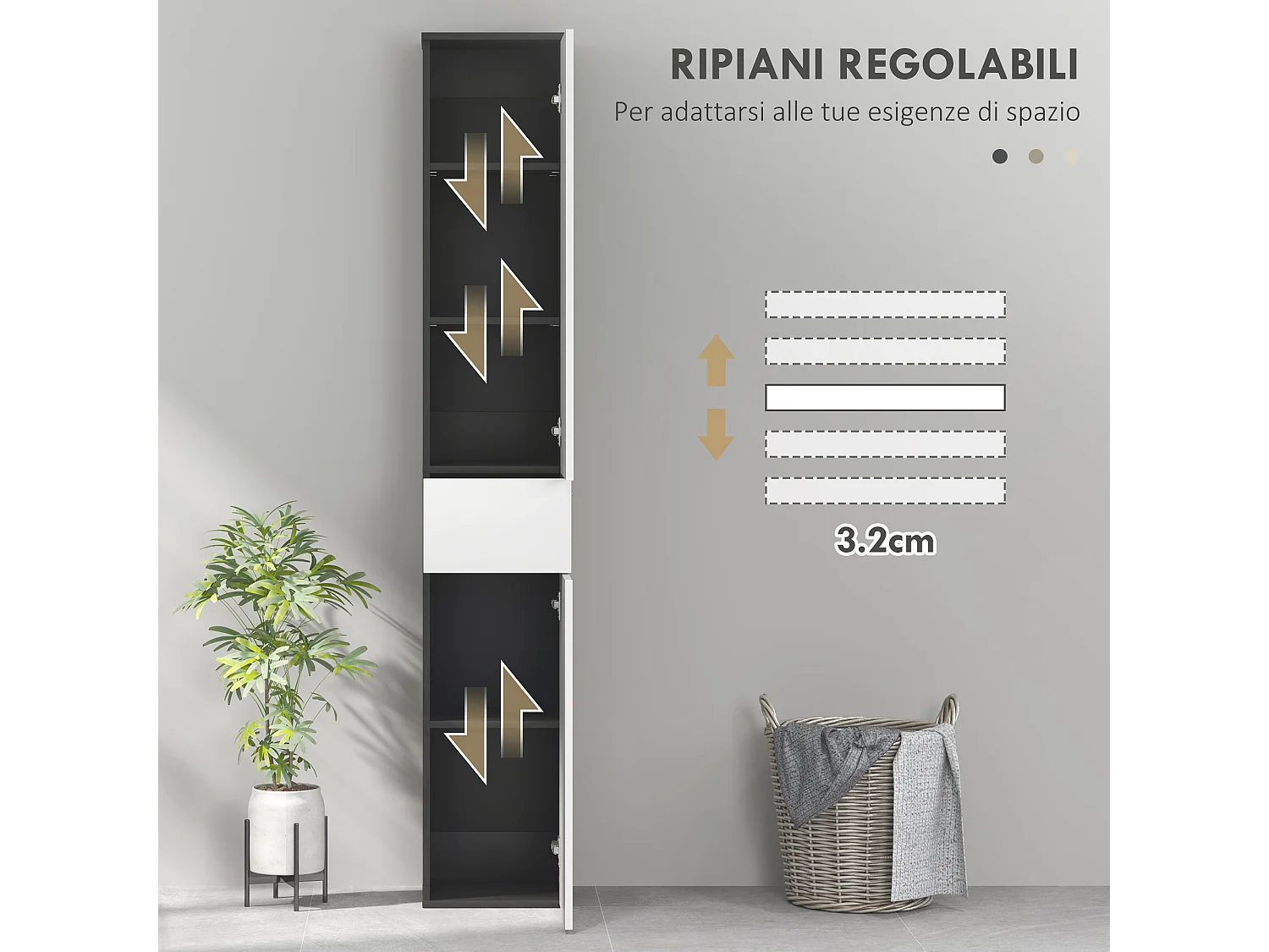 Colonna bagno con 2 armadietti e cassetto in legno 30x28x180 cm nero