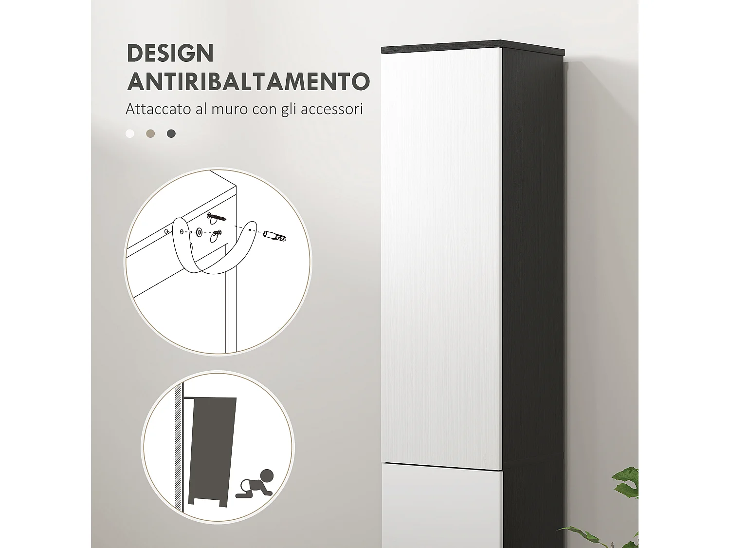 Colonna bagno con 2 armadietti e cassetto in legno 30x28x180 cm nero