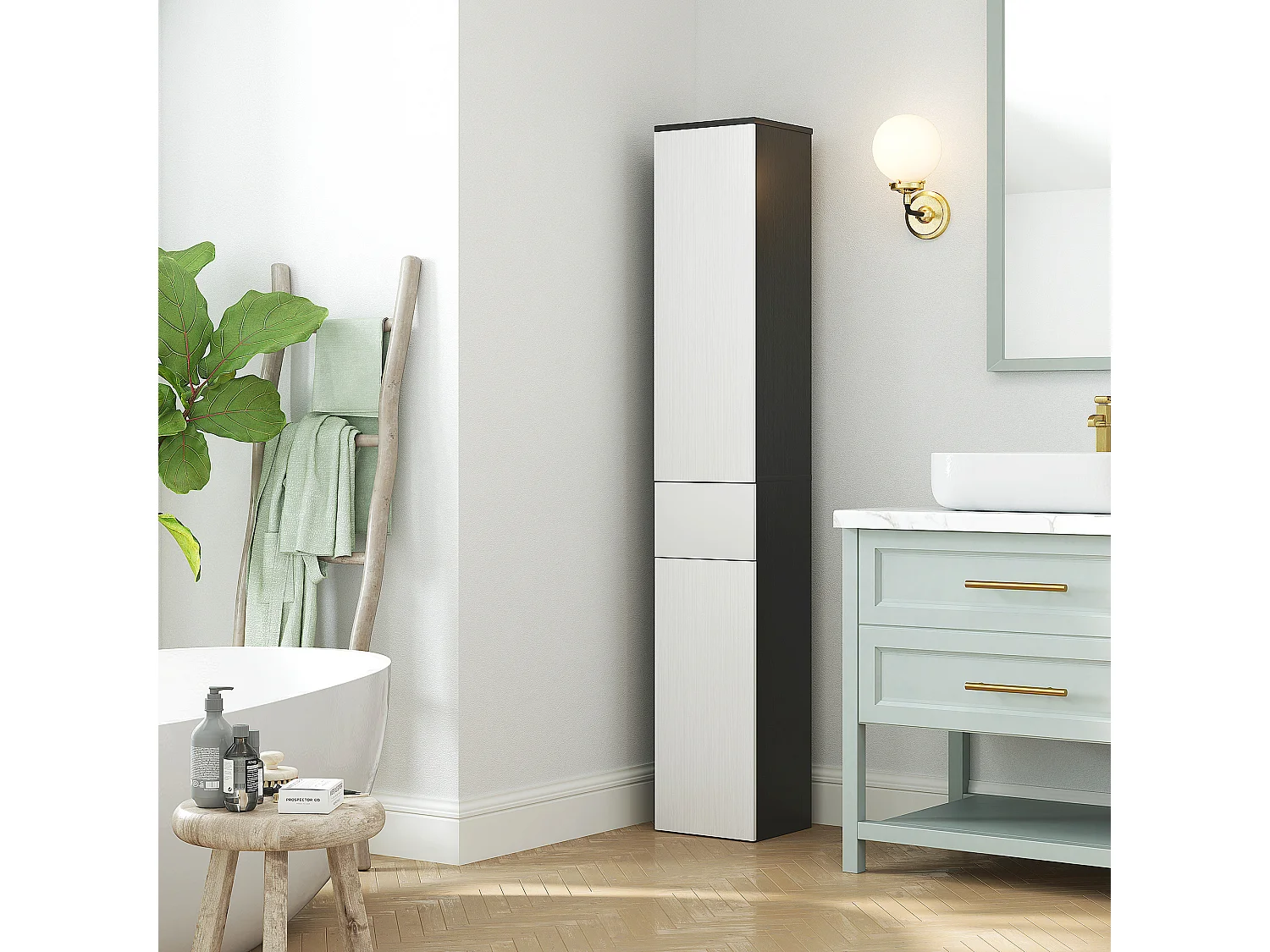 Colonna bagno con 2 armadietti e cassetto in legno 30x28x180 cm nero